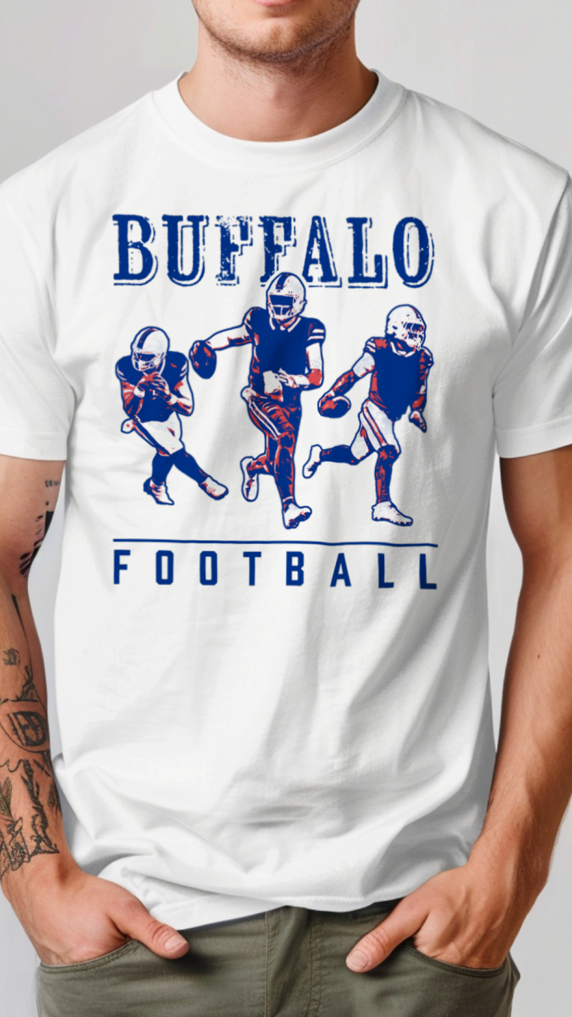 White t-shirt with 'Buffalo Football' graphic featuring football players on a plain background