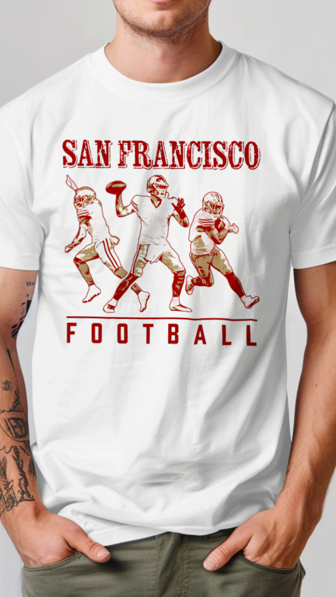 White t-shirt with red 'San Francisco Football' graphic on a plain background