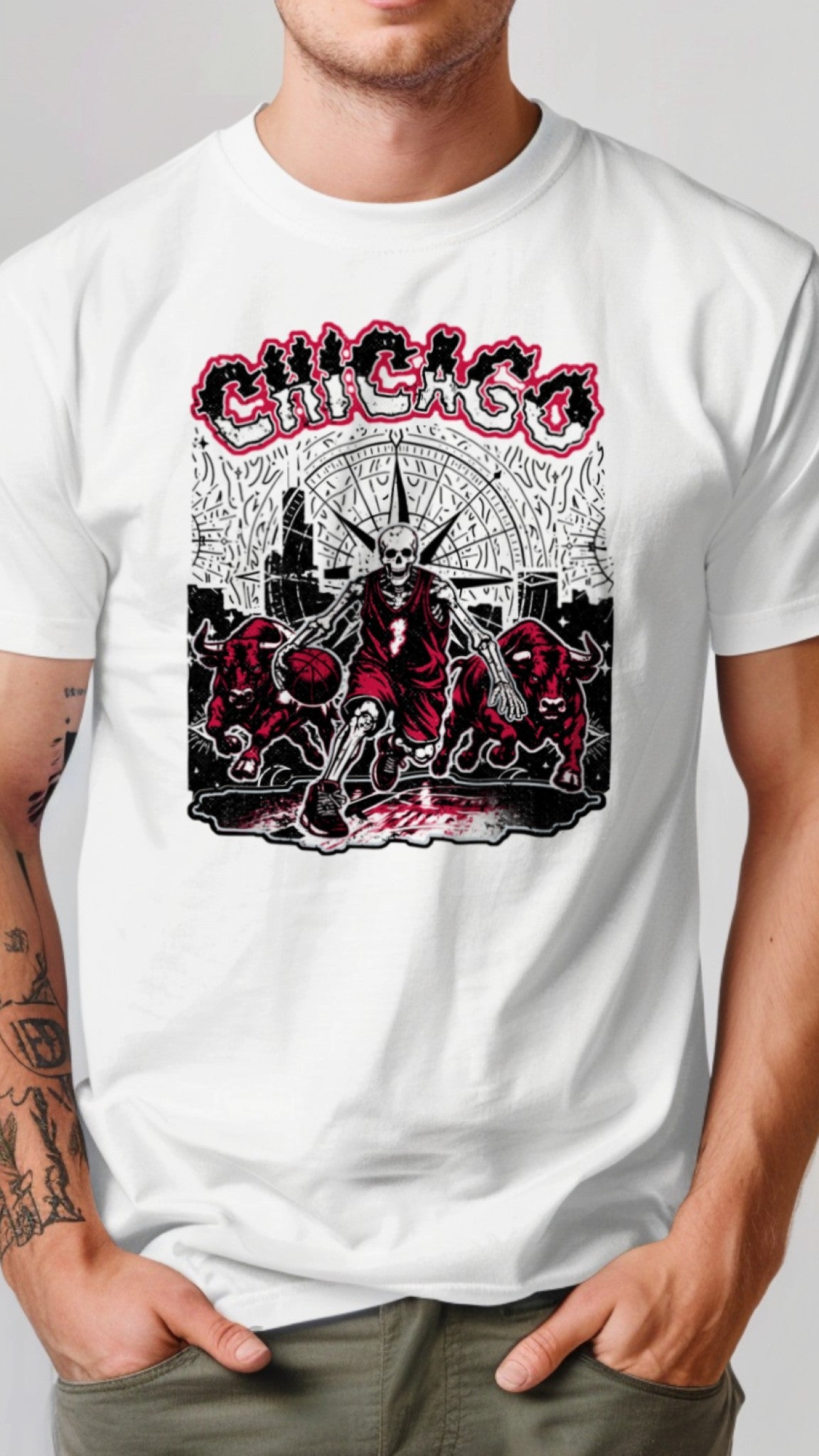 White t-shirt with graphic design and 'Chicago' text on a plain background