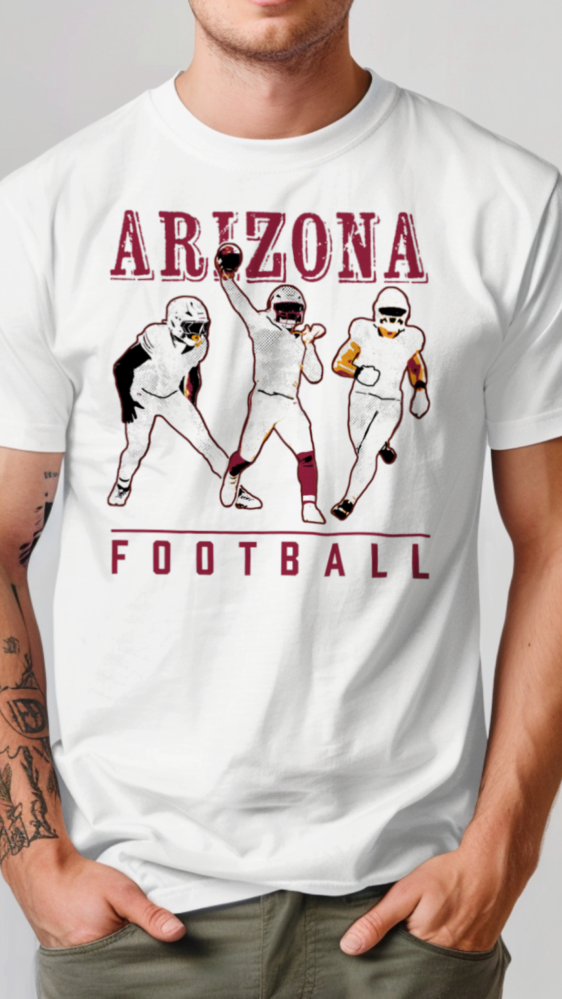 White t-shirt with 'Arizona Football' graphic and text on a plain background