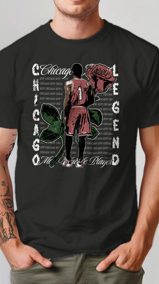 Black t-shirt with graphic design and text on a plain background