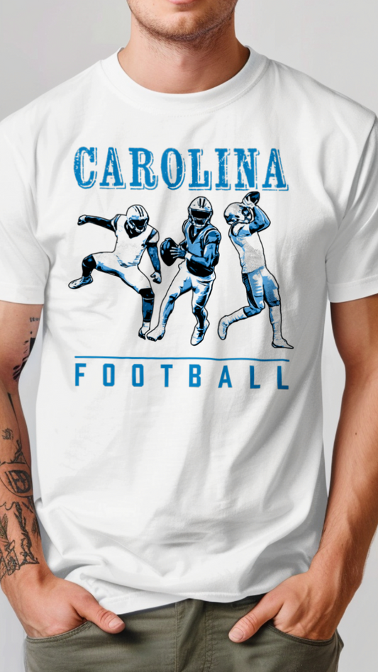 White t-shirt with 'Carolina Football' graphic featuring football players on a gray background