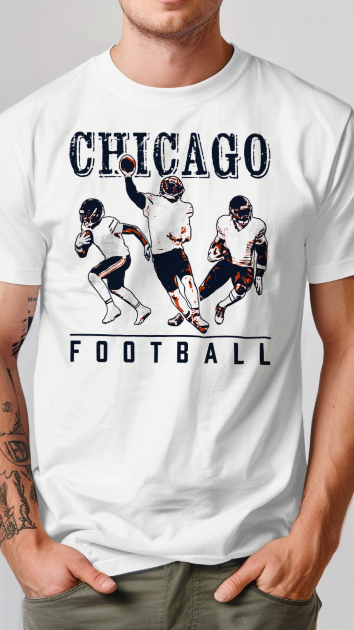 White t-shirt with 'Chicago Football' graphic and text on a plain background