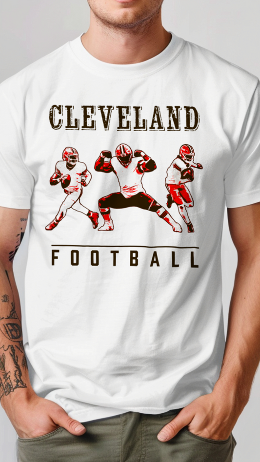 White t-shirt with 'Cleveland Football' graphic featuring football players on a plain background