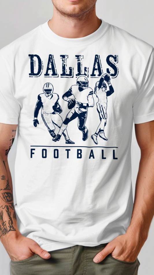 White t-shirt with 'Dallas Football' graphic and football players on a plain background