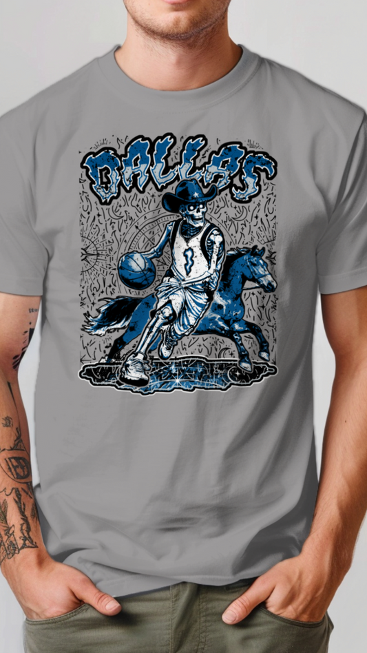 Person wearing a gray t-shirt with a graphic design and 'Dallas' text on a plain background