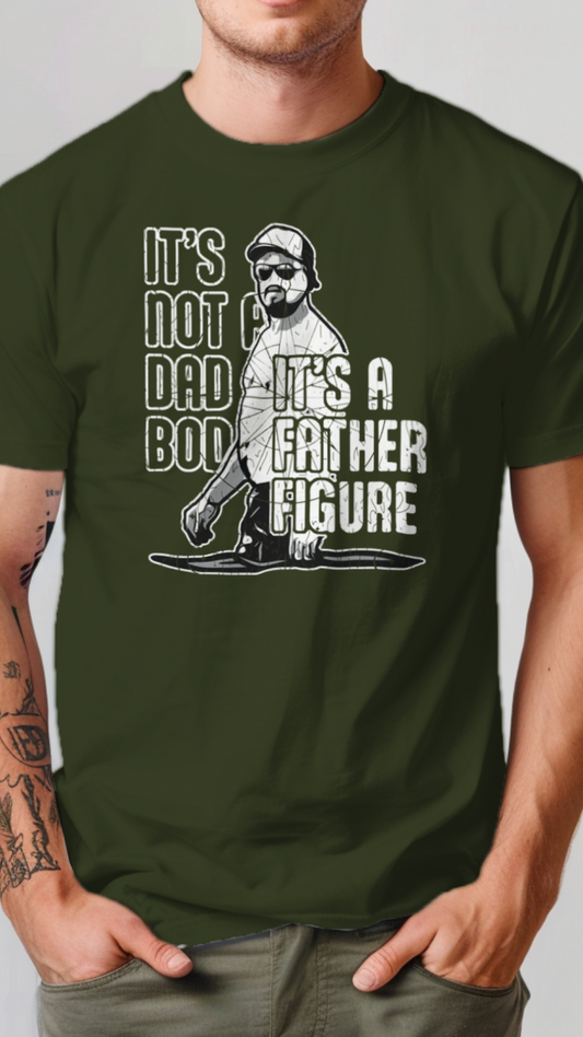 Person wearing a green t-shirt with a graphic and text on a plain background