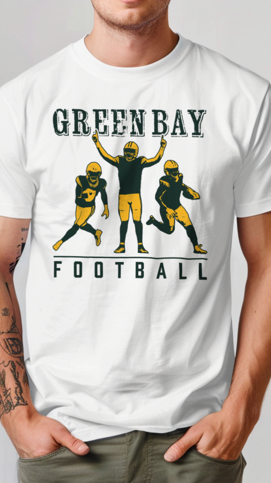White t-shirt with 'Green Bay Football' graphic featuring football players on a plain background