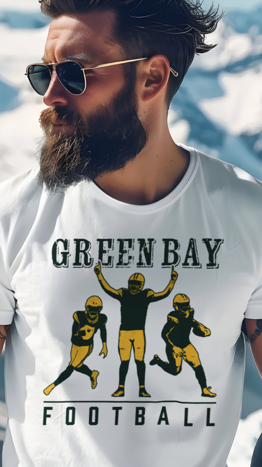 Man wearing a white t-shirt with 'Green Bay Football' design against a mountainous background
