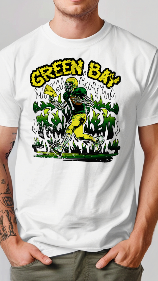 White t-shirt with a graphic design featuring a person in green and yellow attire with 'Green Bay' text on a plain background.