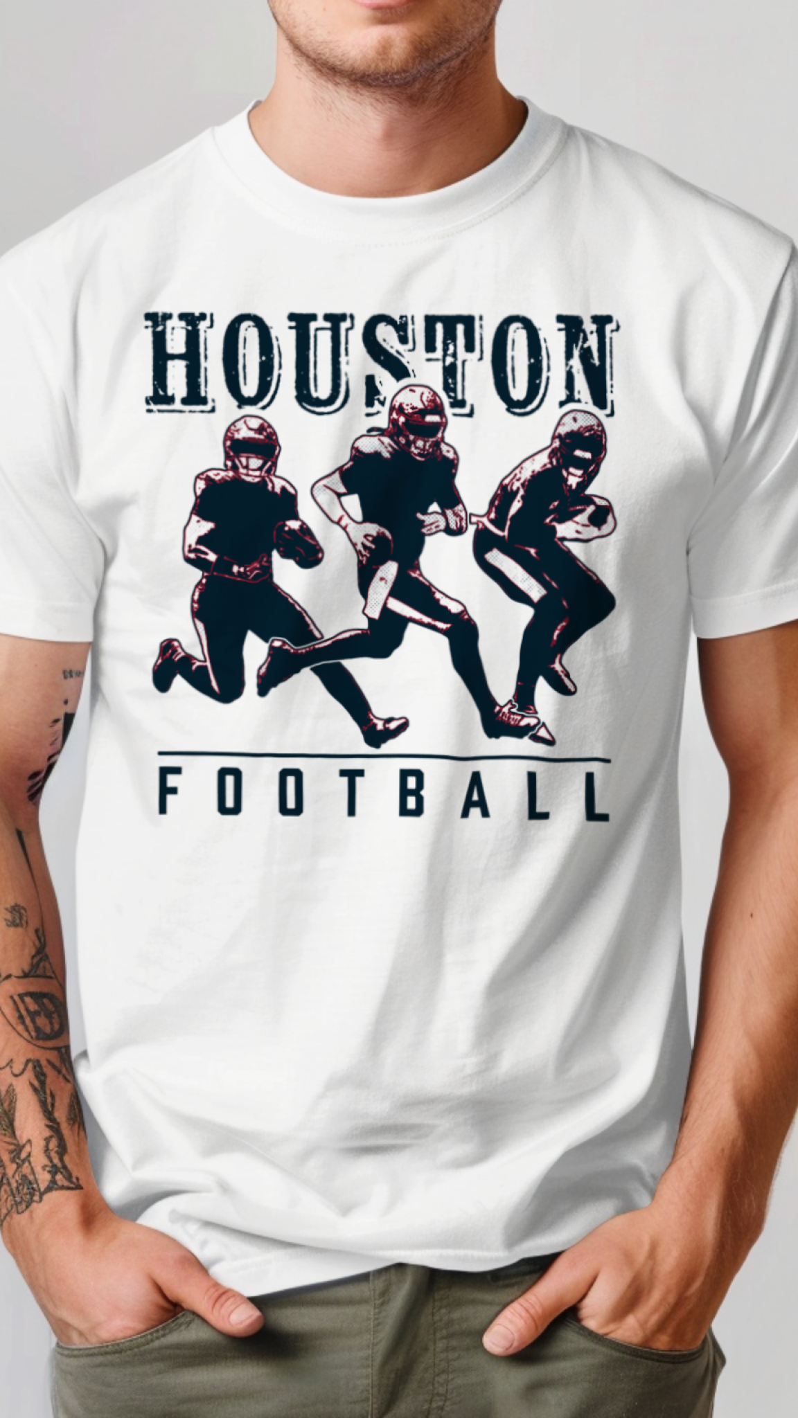 White t-shirt with Houston football graphic on a plain background