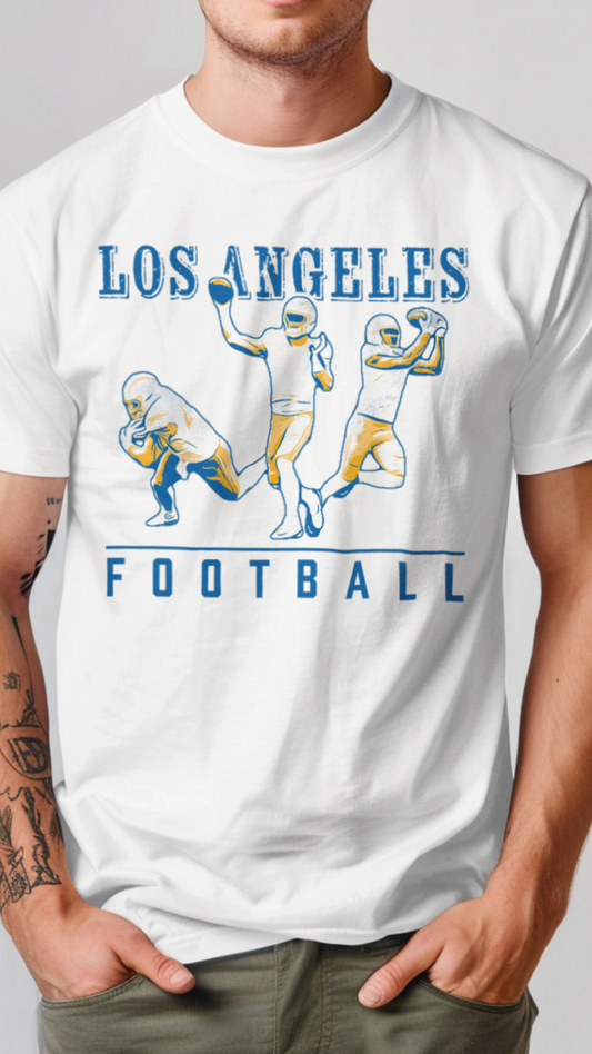 White t-shirt with 'Los Angeles Football' graphic and text on a plain background
