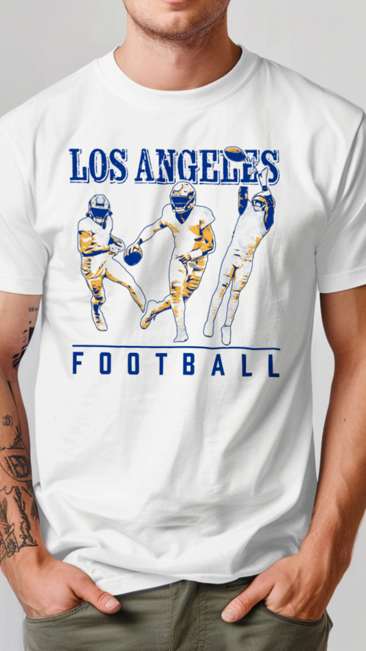 White t-shirt with Los Angeles football design on a plain background