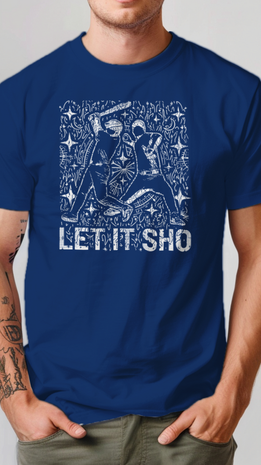 Person wearing a blue t-shirt with white graphic design and text.