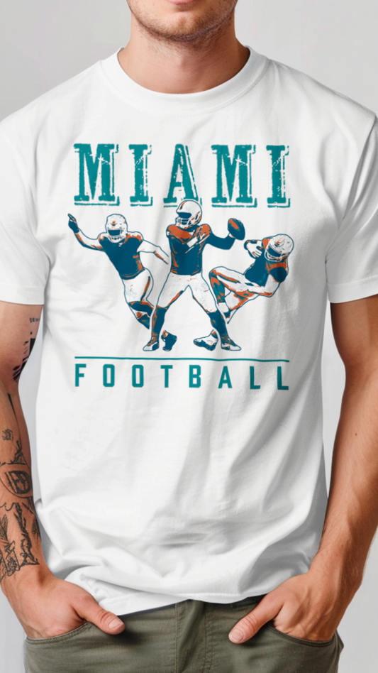 White t-shirt with 'Miami Football' graphic featuring football players on a gray background