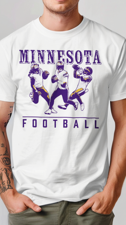 White t-shirt with Minnesota football graphic on a plain background