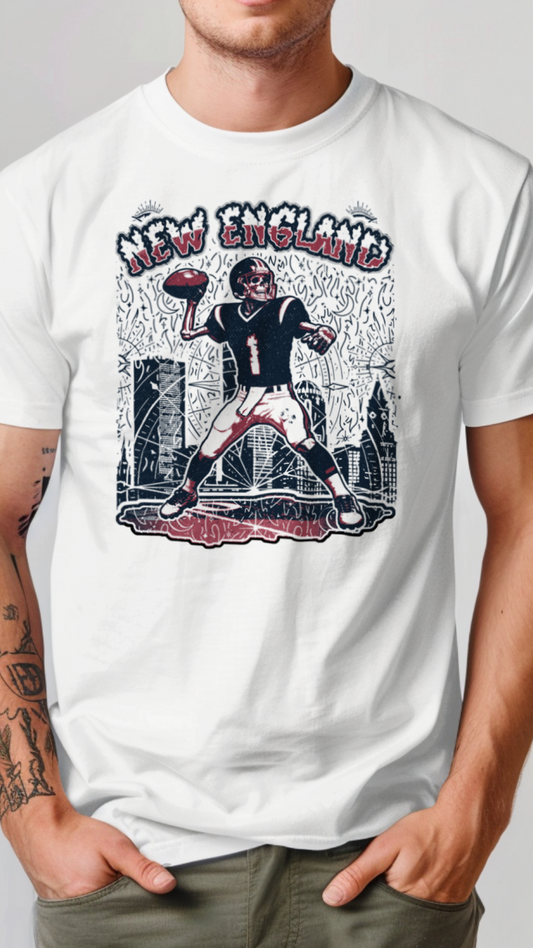 White t-shirt with a graphic design of a football player and text on a plain background