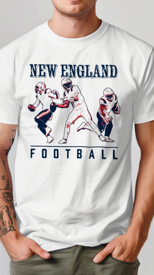White t-shirt with New England football graphic and text on a plain background
