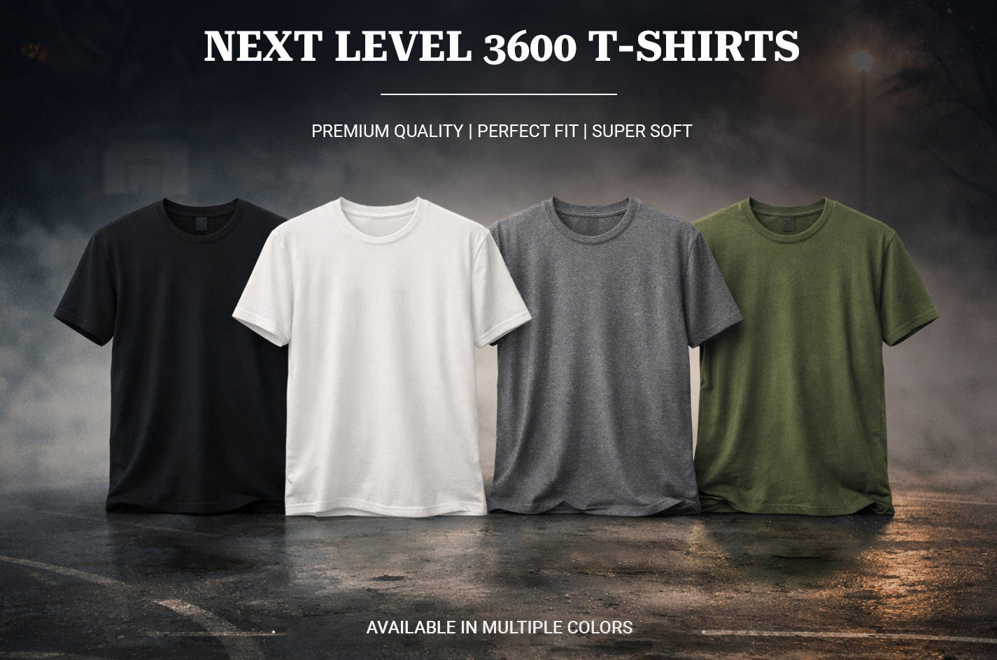Four t-shirts in black, white, gray, and green on a dark background with promotional text.