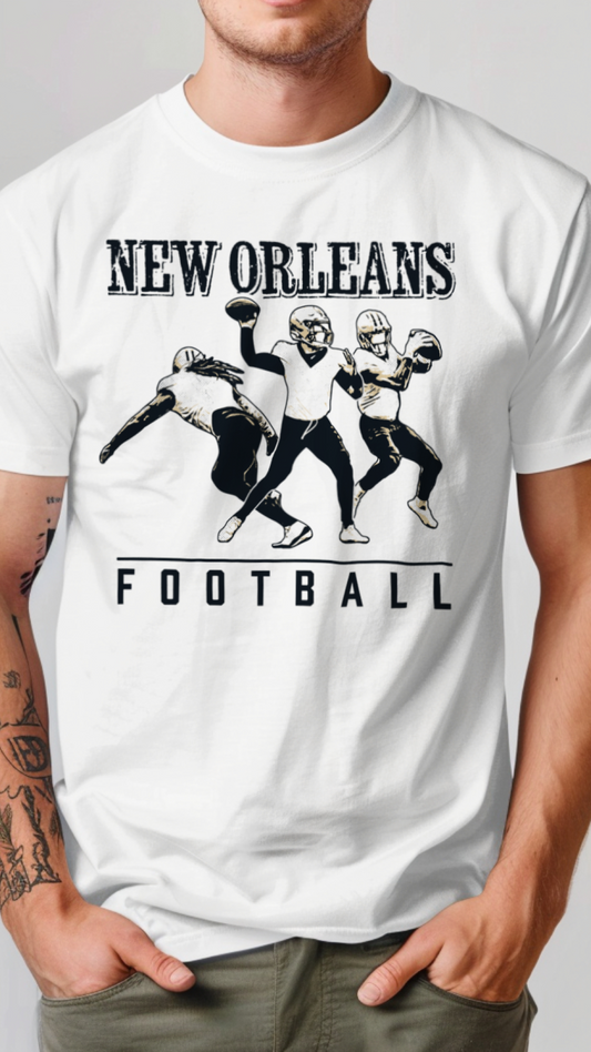 White t-shirt with 'New Orleans Football' graphic on a plain background