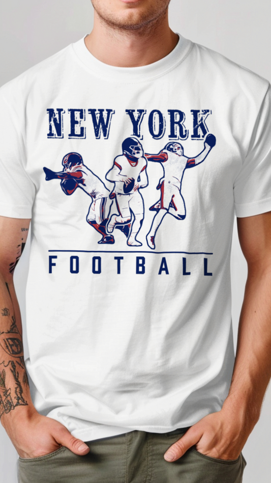 White t-shirt with New York football graphic design on a plain background