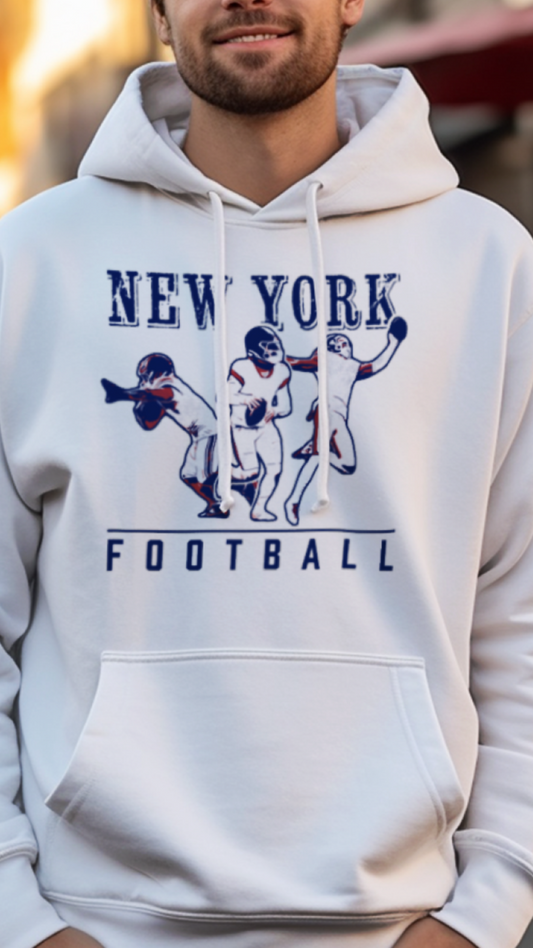Person wearing a white hoodie with 'New York Football' graphic design.