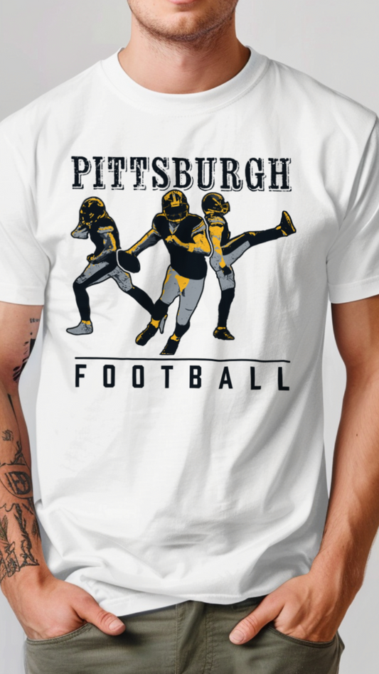 White t-shirt with Pittsburgh football graphic and text on a plain background