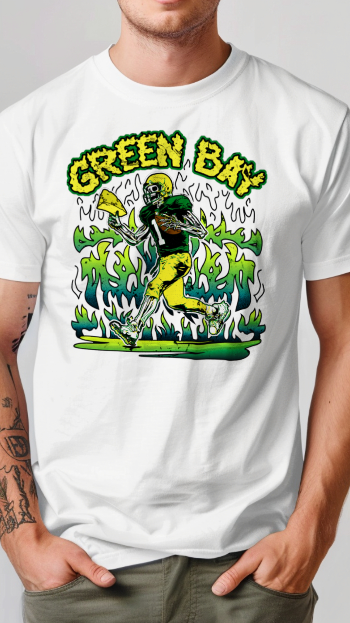 White t-shirt with a colorful graphic design on a plain background