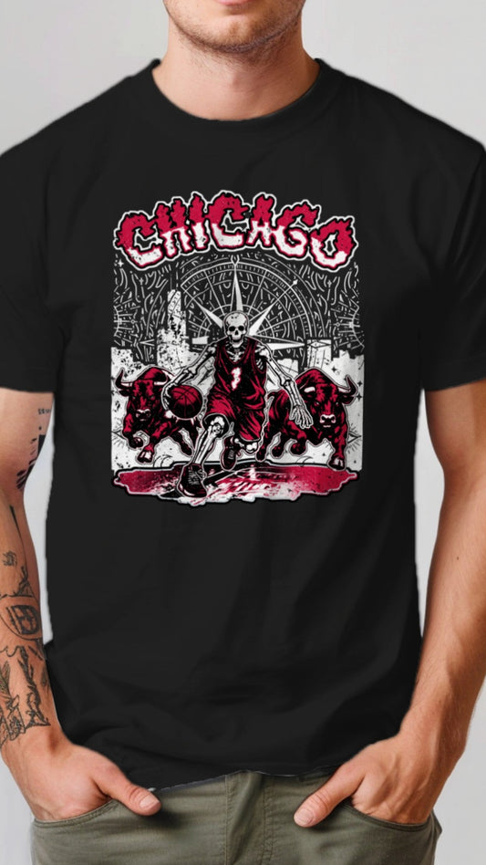 Person wearing a black t-shirt with a graphic design and 'Chicago' text on a plain background