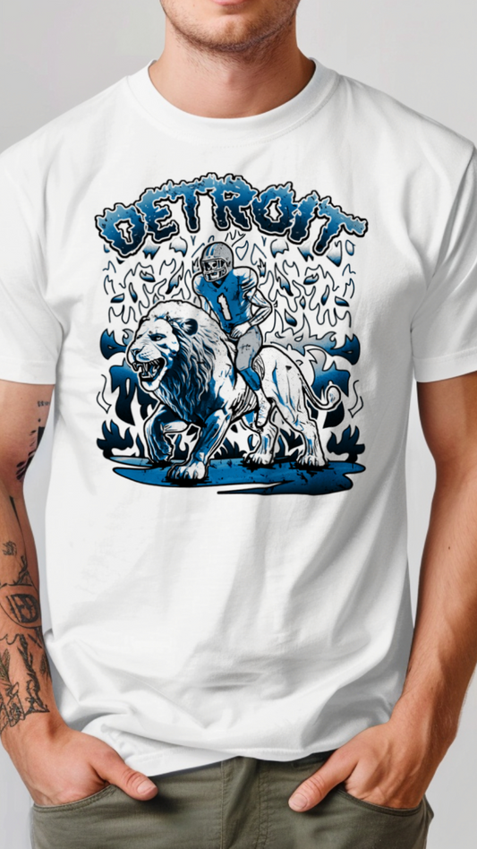 White t-shirt with a graphic design featuring a football player and the word 'Detroit' on a plain background.