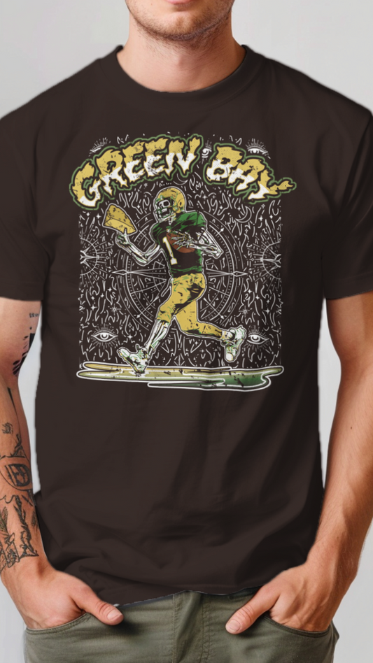 Person wearing a black t-shirt with a graphic design and text on a plain background