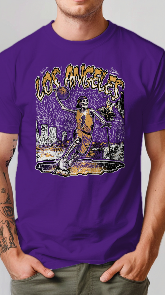 Person wearing a purple t-shirt with a graphic design on a plain background