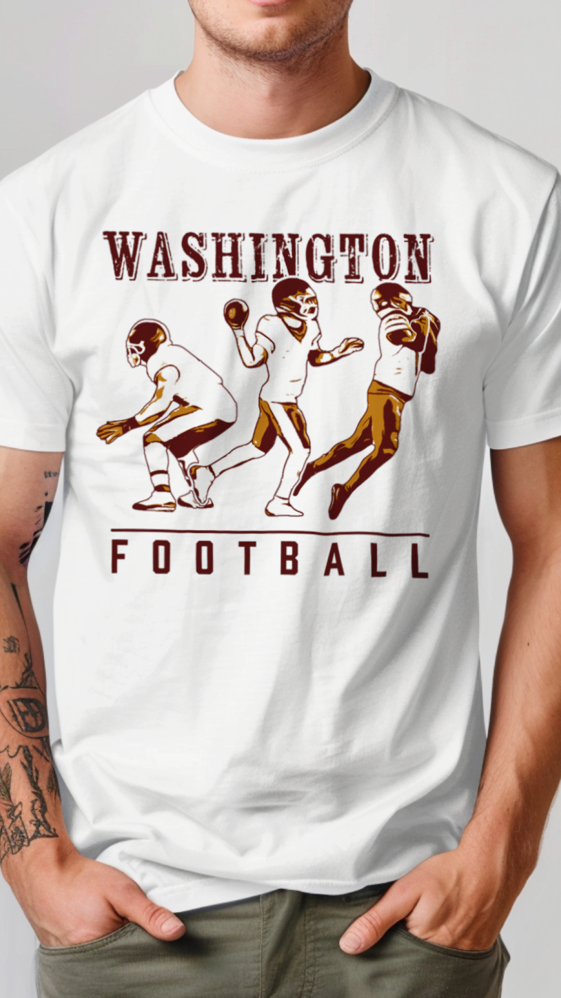 White t-shirt with 'Washington Football' graphic on a plain background