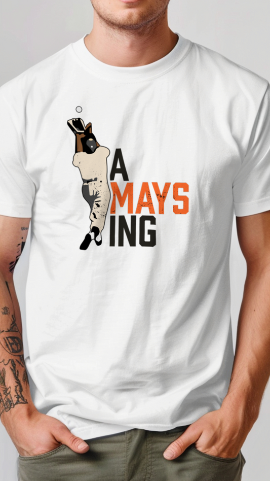 White t-shirt with a graphic of a baseball player and text on a plain background